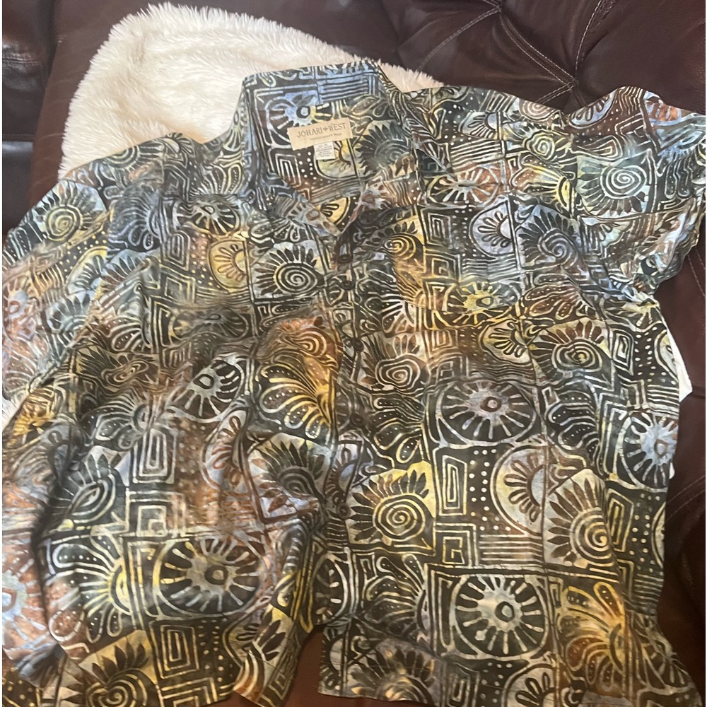 Johari West Mens Shirt Blue XLarge Brown Batik Hawaiian Shirt Sleeve Button Up.